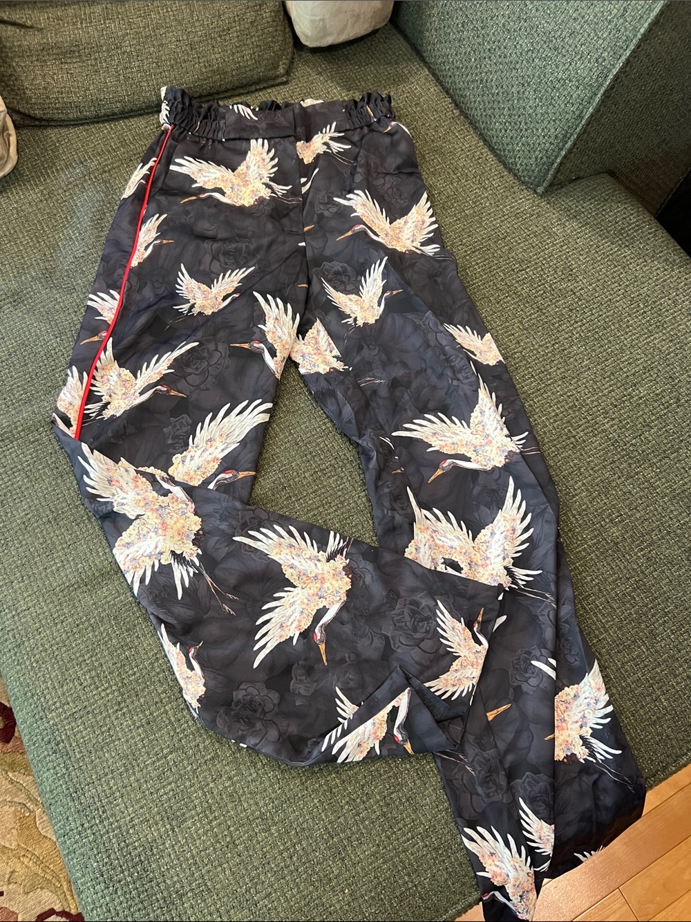 H&M Black Crane-Print Pants with Red Side Stripe (sz 6)